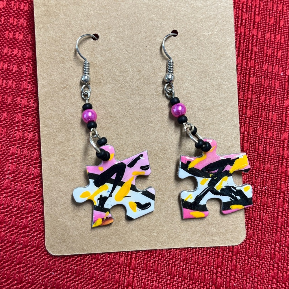 Earrings-Puzzle piece, handmade painted, sealed, coordinating beads, New 2.25”L